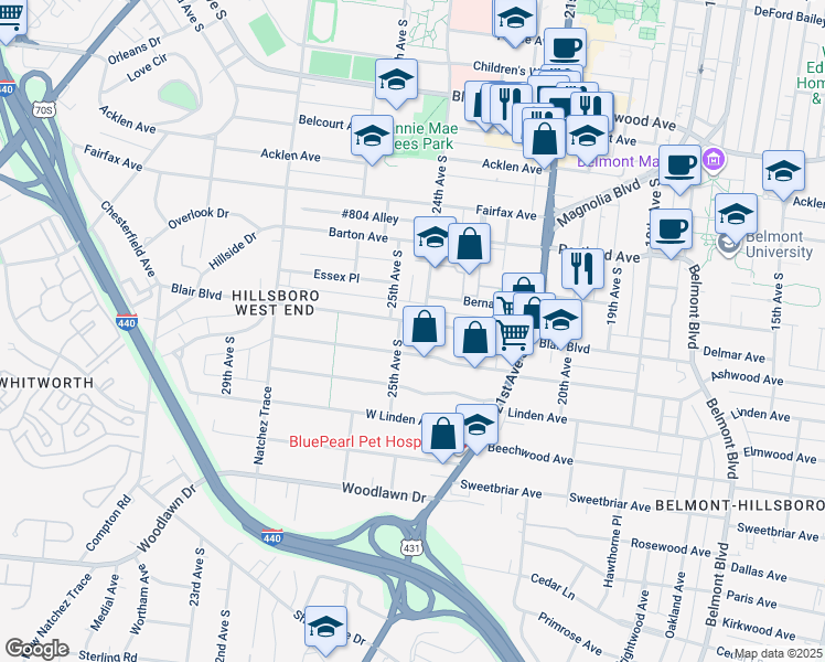 map of restaurants, bars, coffee shops, grocery stores, and more near 2233 Blair Boulevard in Nashville