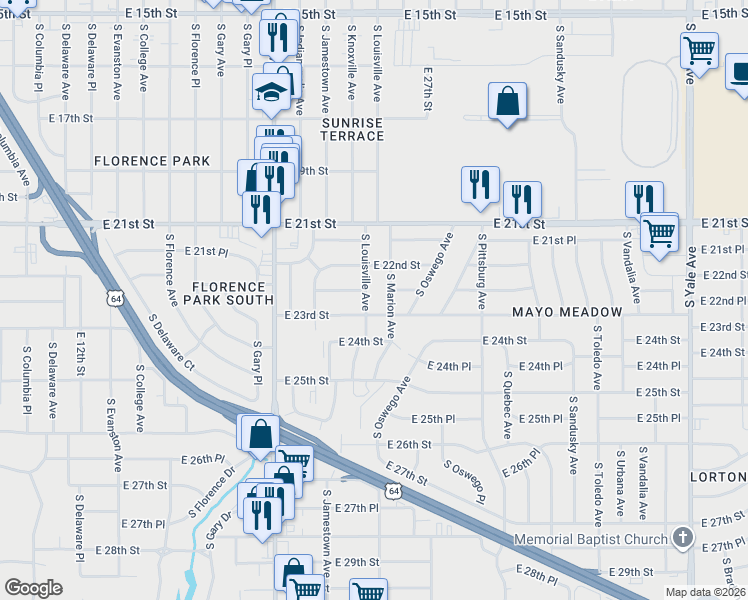 map of restaurants, bars, coffee shops, grocery stores, and more near 2236 South Marion Avenue in Tulsa
