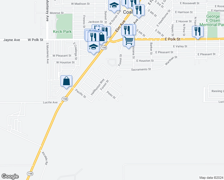 map of restaurants, bars, coffee shops, grocery stores, and more near 114 Palomino Street in Coalinga