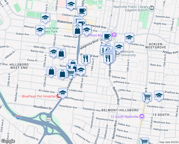map of restaurants, bars, coffee shops, grocery stores, and more near 2119 19th Avenue South in Nashville