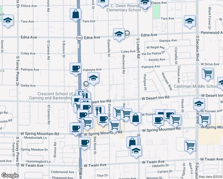 map of restaurants, bars, coffee shops, grocery stores, and more near 5775 Darby Avenue in Las Vegas