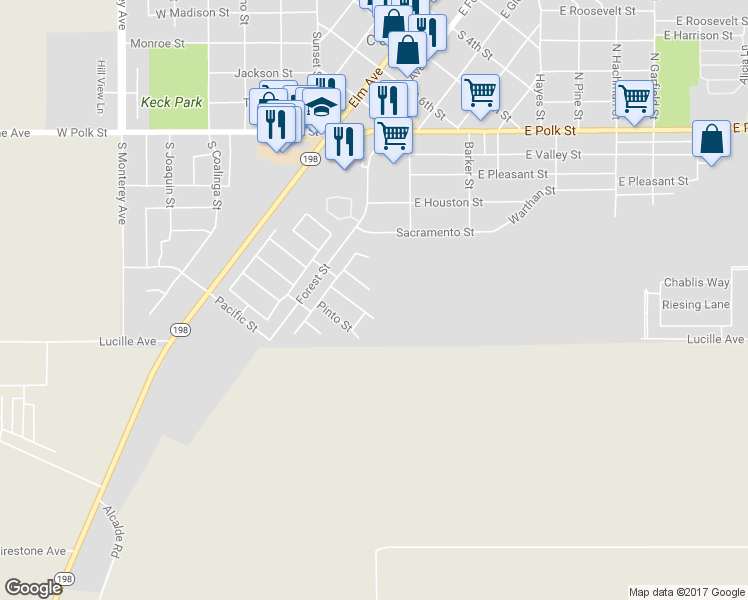 map of restaurants, bars, coffee shops, grocery stores, and more near 144 Arabian Street in Coalinga