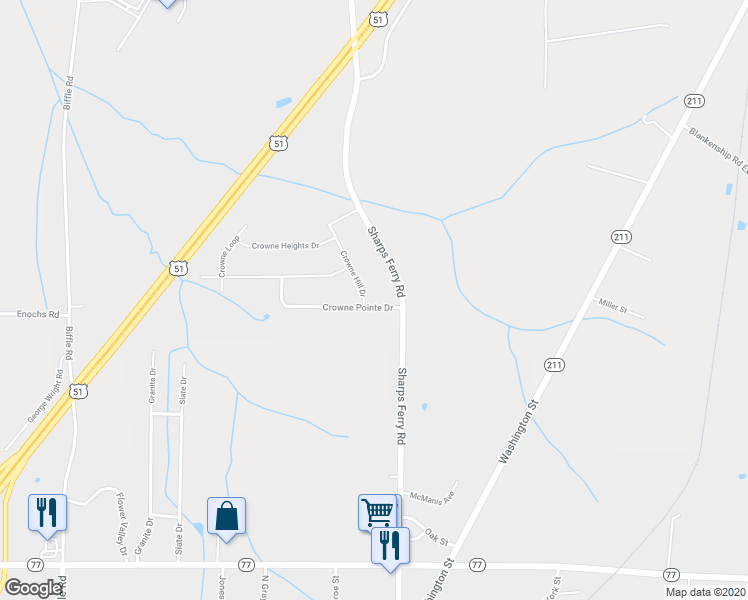 map of restaurants, bars, coffee shops, grocery stores, and more near 1100 Crowne Hill Drive in Newbern
