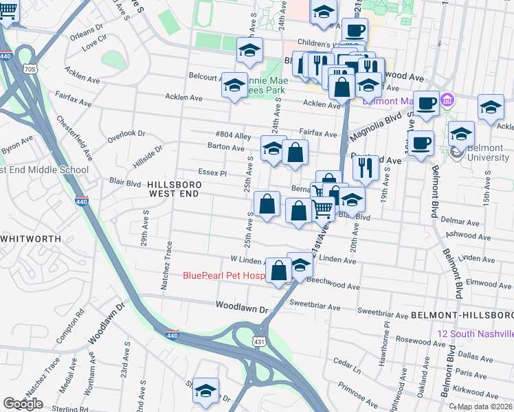 map of restaurants, bars, coffee shops, grocery stores, and more near 2235 Blair Boulevard in Nashville