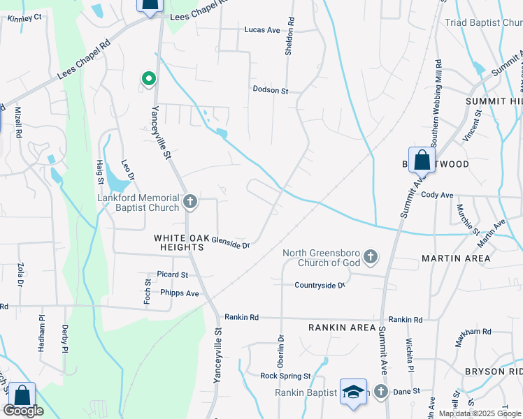 map of restaurants, bars, coffee shops, grocery stores, and more near 1609 Glenside Drive in Greensboro