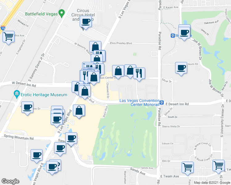 map of restaurants, bars, coffee shops, grocery stores, and more near 3250 Channel 8 Drive in Las Vegas