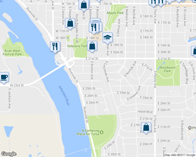 map of restaurants, bars, coffee shops, grocery stores, and more near 121 East 24th Street in Tulsa