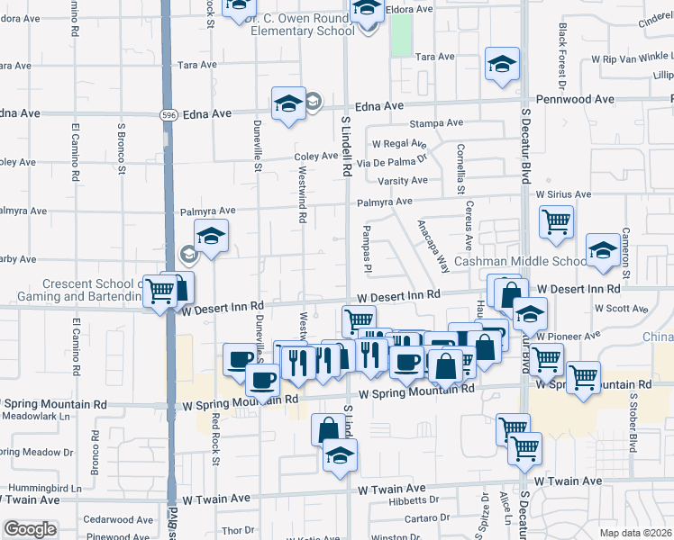 map of restaurants, bars, coffee shops, grocery stores, and more near 3251 South Lindell Road in Las Vegas
