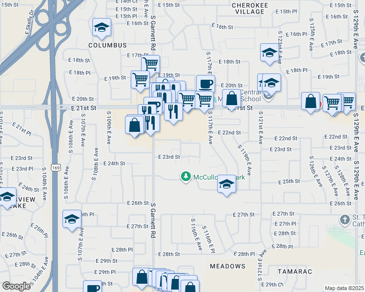 map of restaurants, bars, coffee shops, grocery stores, and more near 11502 East 22nd Place in Tulsa