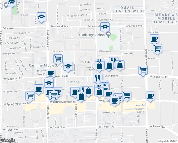 map of restaurants, bars, coffee shops, grocery stores, and more near 3264 Andrea Street in Las Vegas