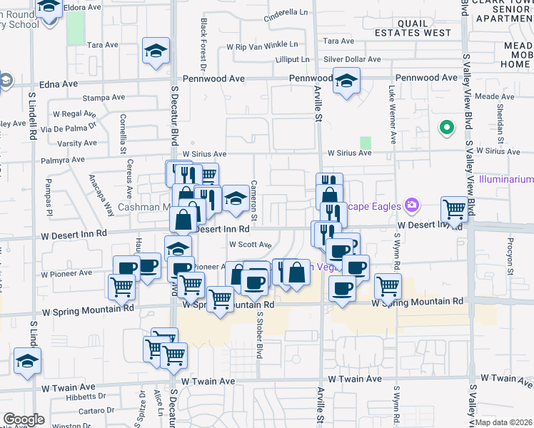 map of restaurants, bars, coffee shops, grocery stores, and more near 3260 Cameron Street in Las Vegas