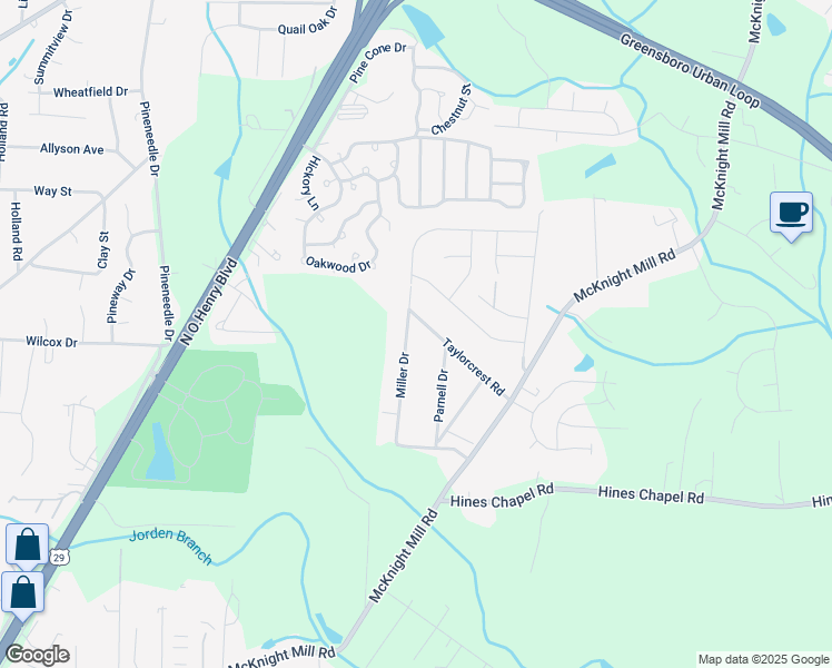 map of restaurants, bars, coffee shops, grocery stores, and more near 3624 Miller Drive in Greensboro