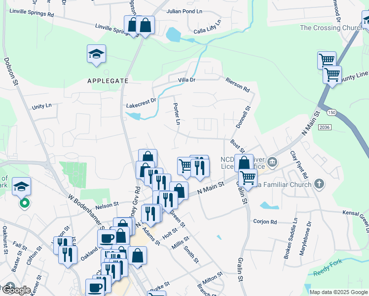 map of restaurants, bars, coffee shops, grocery stores, and more near 577 Bost Crossing in Kernersville
