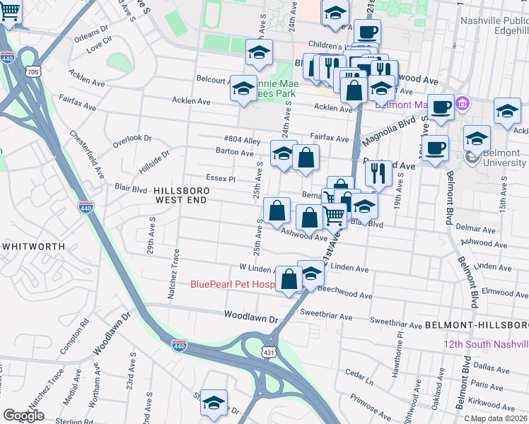 map of restaurants, bars, coffee shops, grocery stores, and more near 2233 Blair Boulevard in Nashville