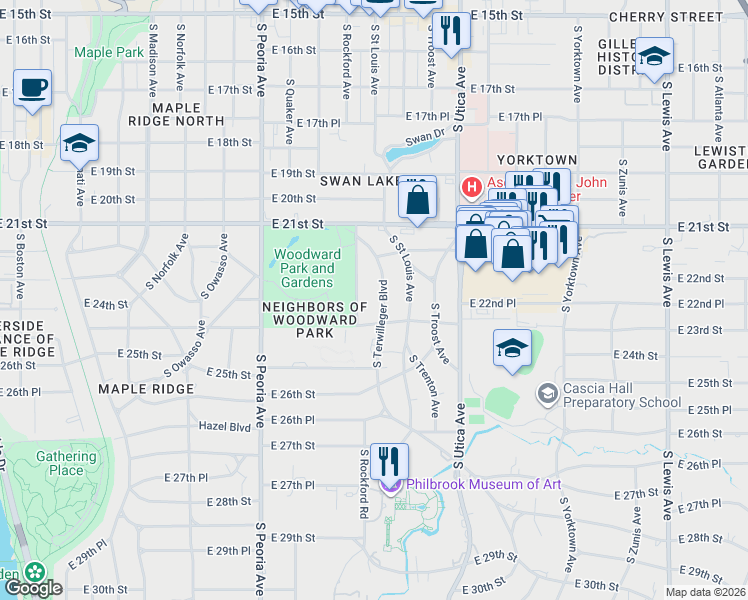 map of restaurants, bars, coffee shops, grocery stores, and more near 2267 South Rockford Avenue in Tulsa