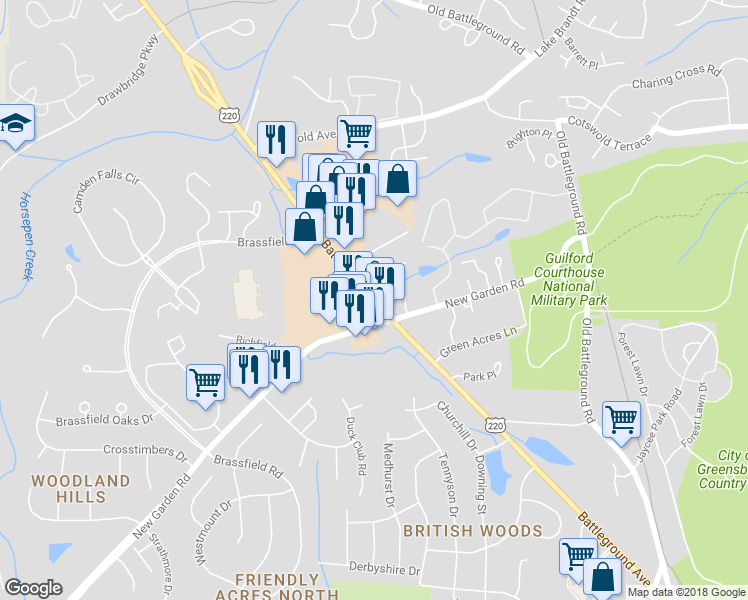 map of restaurants, bars, coffee shops, grocery stores, and more near 3740 Battleground Ave in Greensboro