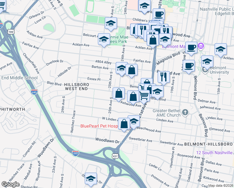 map of restaurants, bars, coffee shops, grocery stores, and more near 2233 Blair Boulevard in Nashville