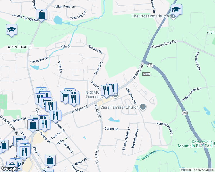 map of restaurants, bars, coffee shops, grocery stores, and more near 113 Pegg Avenue in Kernersville