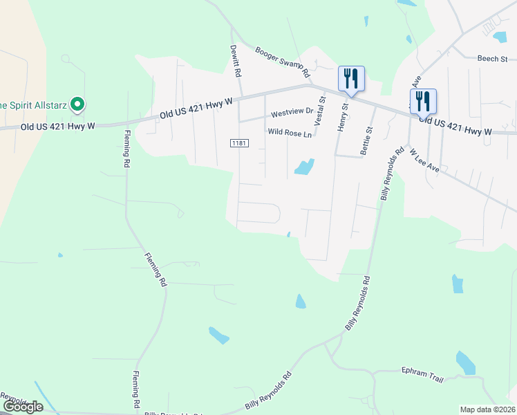 map of restaurants, bars, coffee shops, grocery stores, and more near 1008 Country Side Lane in Yadkinville