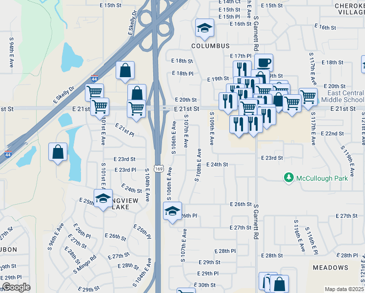 map of restaurants, bars, coffee shops, grocery stores, and more near 2250 South 107th East Avenue in Tulsa