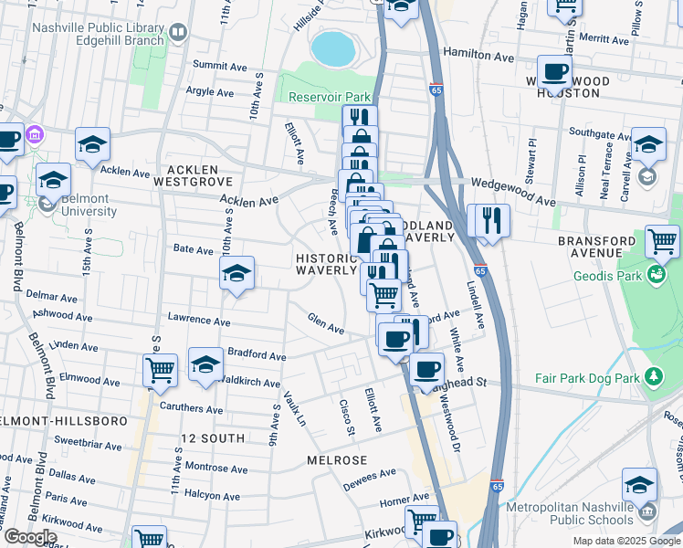 map of restaurants, bars, coffee shops, grocery stores, and more near 2109 Elliott Avenue in Nashville