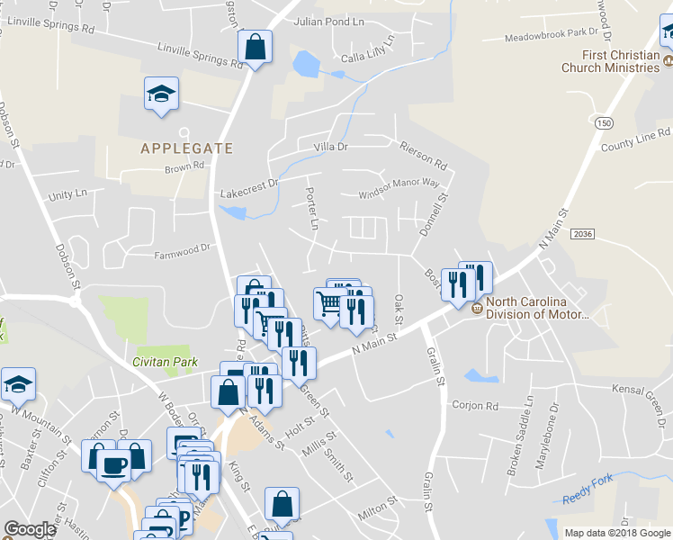 map of restaurants, bars, coffee shops, grocery stores, and more near 582 Bost Crossing in Kernersville