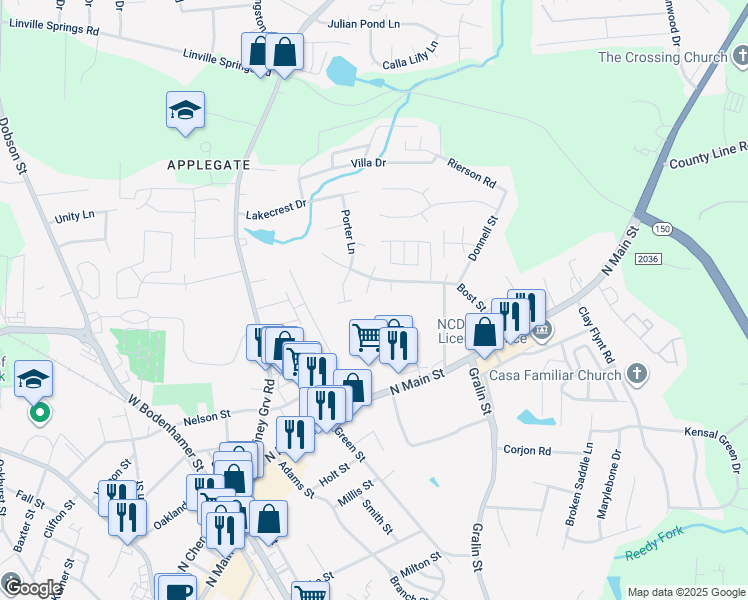 map of restaurants, bars, coffee shops, grocery stores, and more near 582 Bost Crossing in Kernersville