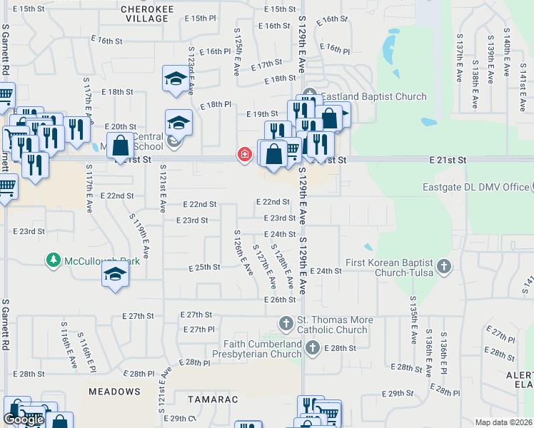 map of restaurants, bars, coffee shops, grocery stores, and more near 12719 East 23rd Street in Tulsa