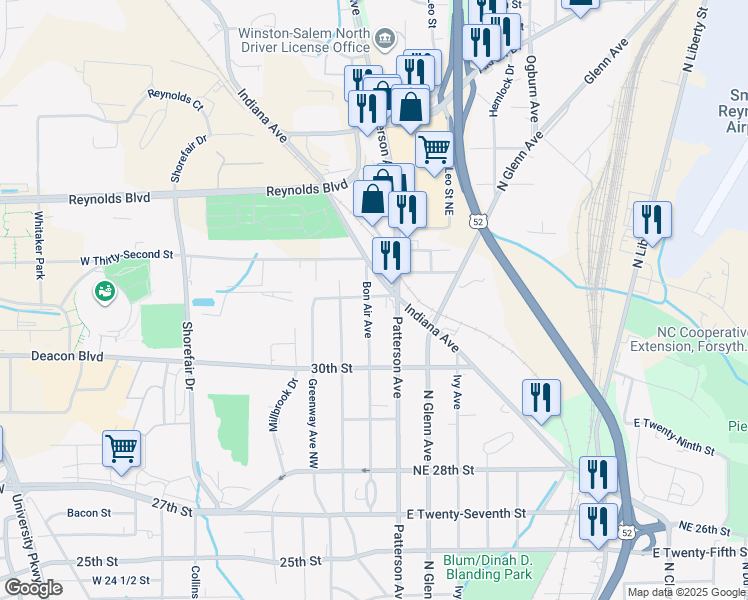 map of restaurants, bars, coffee shops, grocery stores, and more near 3033 Bon Air Avenue in Winston-Salem