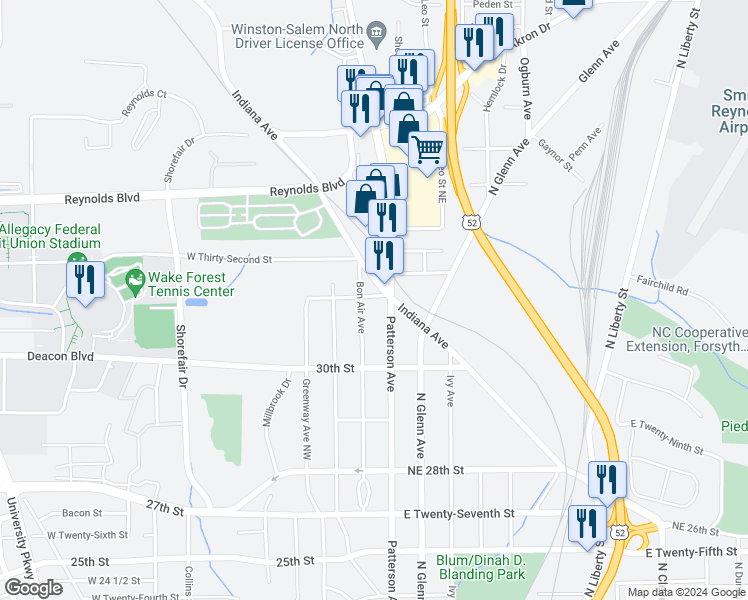 map of restaurants, bars, coffee shops, grocery stores, and more near 210 Inverness Street Northeast in Winston-Salem