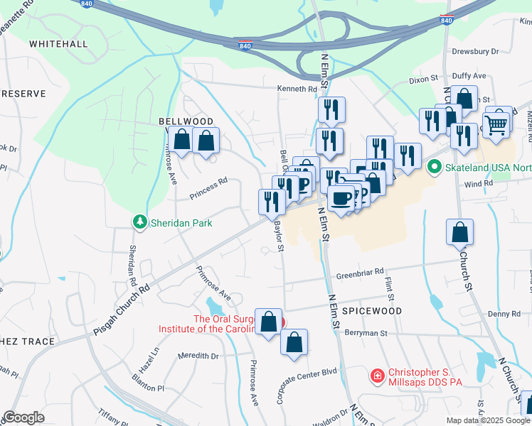 map of restaurants, bars, coffee shops, grocery stores, and more near 610 Pisgah Church Road in Greensboro