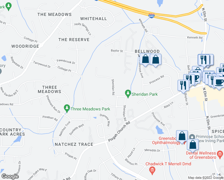 map of restaurants, bars, coffee shops, grocery stores, and more near 4107 Sheridan Road in Greensboro