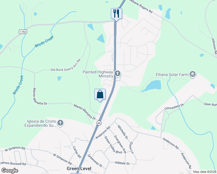 map of restaurants, bars, coffee shops, grocery stores, and more near 1824 State Highway 49 in Burlington
