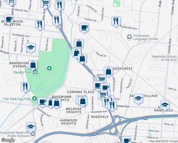 map of restaurants, bars, coffee shops, grocery stores, and more near 1965 Nolensville Pike in Nashville