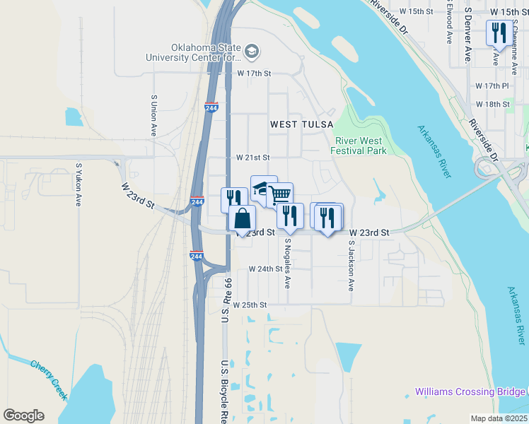 map of restaurants, bars, coffee shops, grocery stores, and more near 2249 South Phoenix Avenue in Tulsa