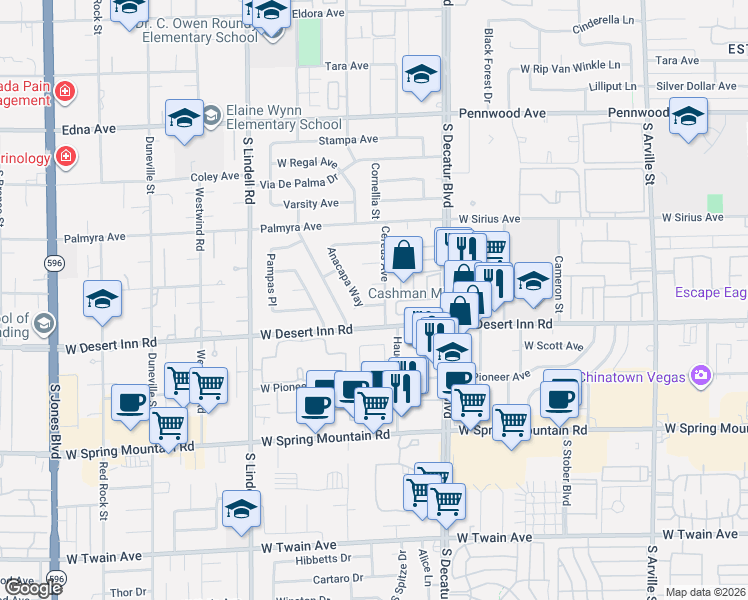 map of restaurants, bars, coffee shops, grocery stores, and more near 3262 Cereus Avenue in Las Vegas