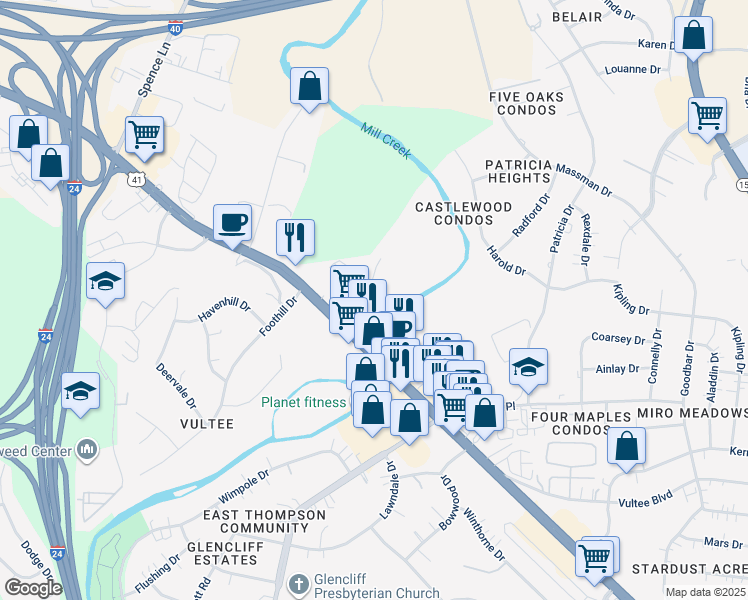 map of restaurants, bars, coffee shops, grocery stores, and more near 182 Millwood Drive in Nashville
