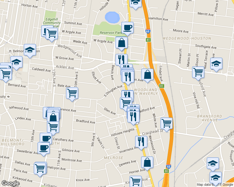 map of restaurants, bars, coffee shops, grocery stores, and more near 2114 Elliott Avenue in Nashville