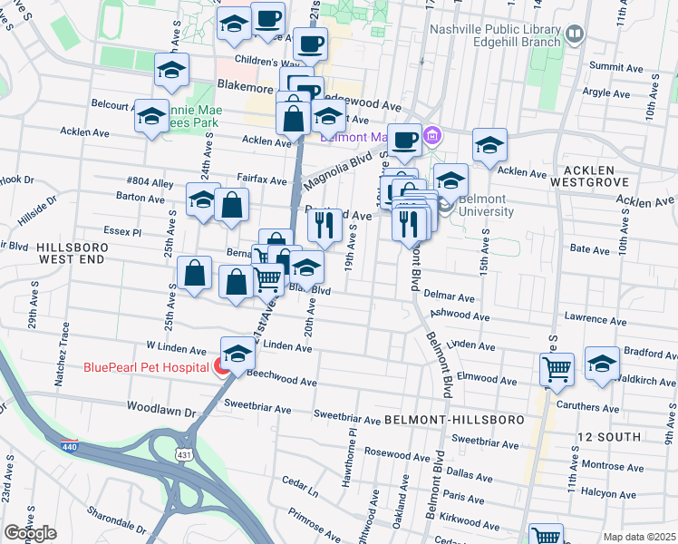 map of restaurants, bars, coffee shops, grocery stores, and more near 2119 19th Avenue South in Nashville