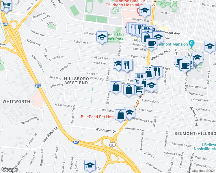 map of restaurants, bars, coffee shops, grocery stores, and more near 2233 Blair Boulevard in Nashville
