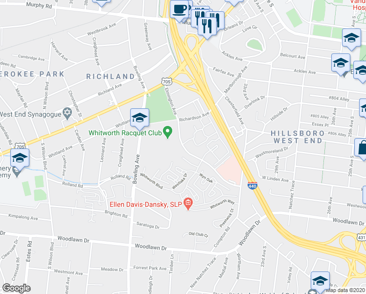 map of restaurants, bars, coffee shops, grocery stores, and more near 10 Warwick Lane in Nashville