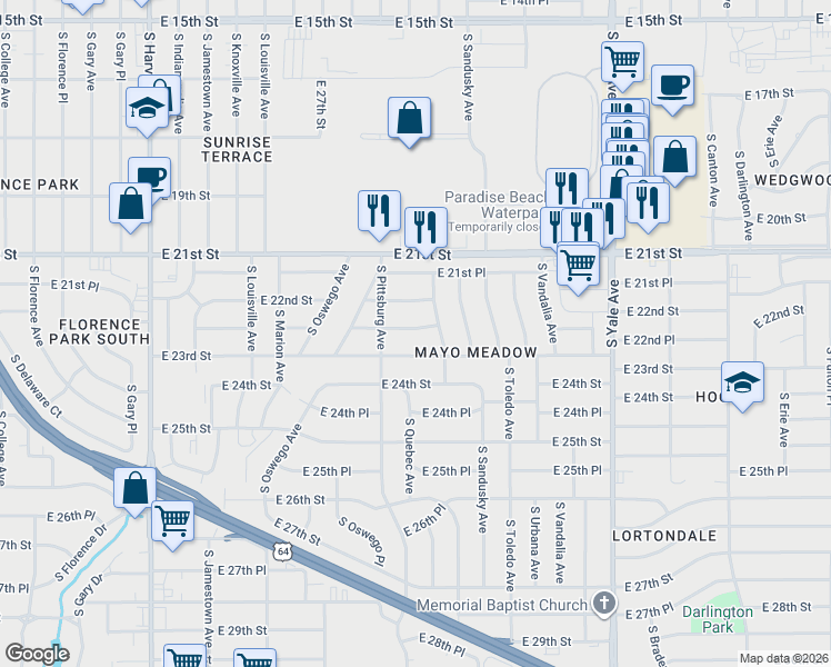 map of restaurants, bars, coffee shops, grocery stores, and more near 4145 East 23rd Street in Tulsa