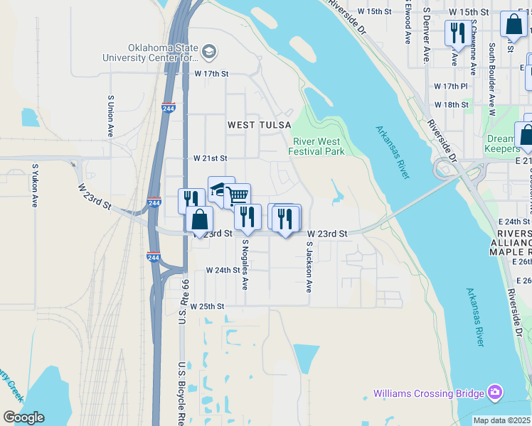 map of restaurants, bars, coffee shops, grocery stores, and more near in Tulsa