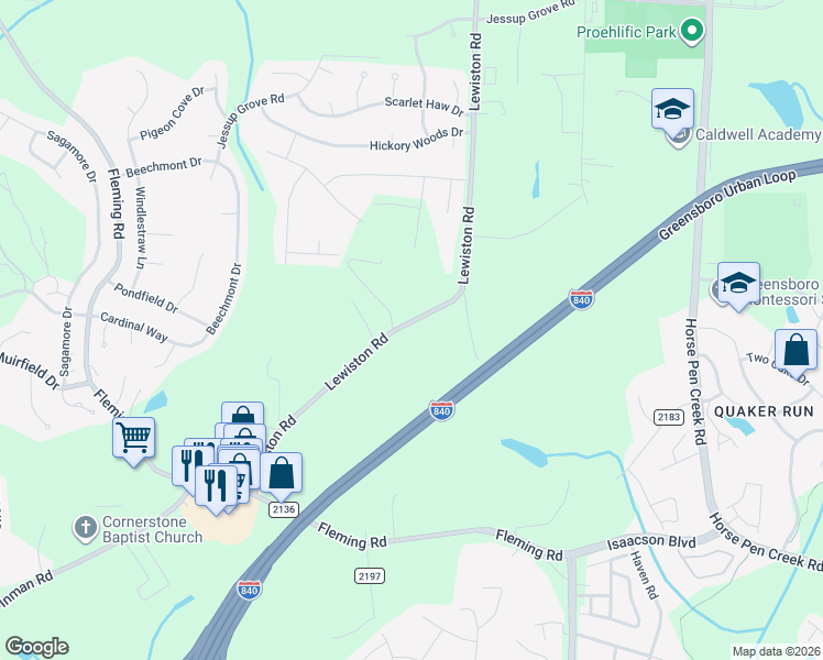 map of restaurants, bars, coffee shops, grocery stores, and more near 3542 Lewiston Road in Greensboro