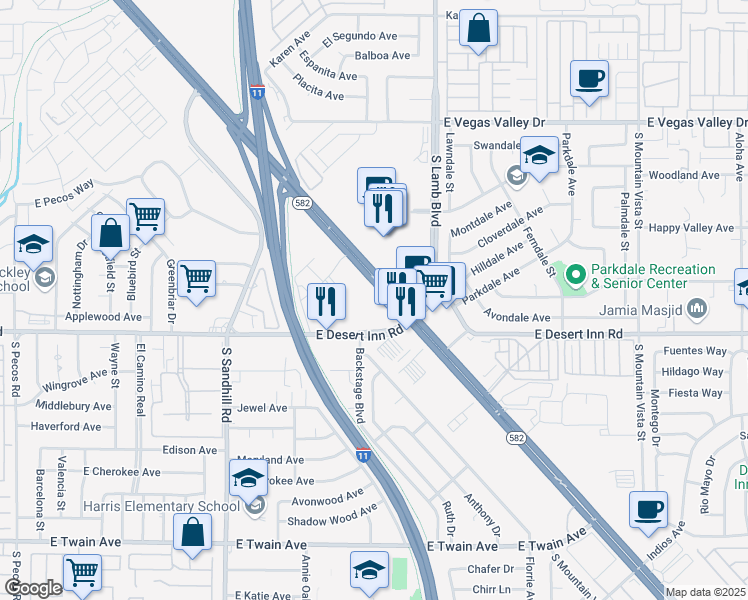 map of restaurants, bars, coffee shops, grocery stores, and more near 4100 Boulder Highway in Las Vegas