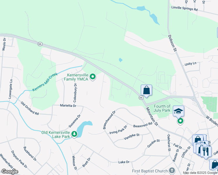 map of restaurants, bars, coffee shops, grocery stores, and more near 129 Oak Forest Drive in Kernersville