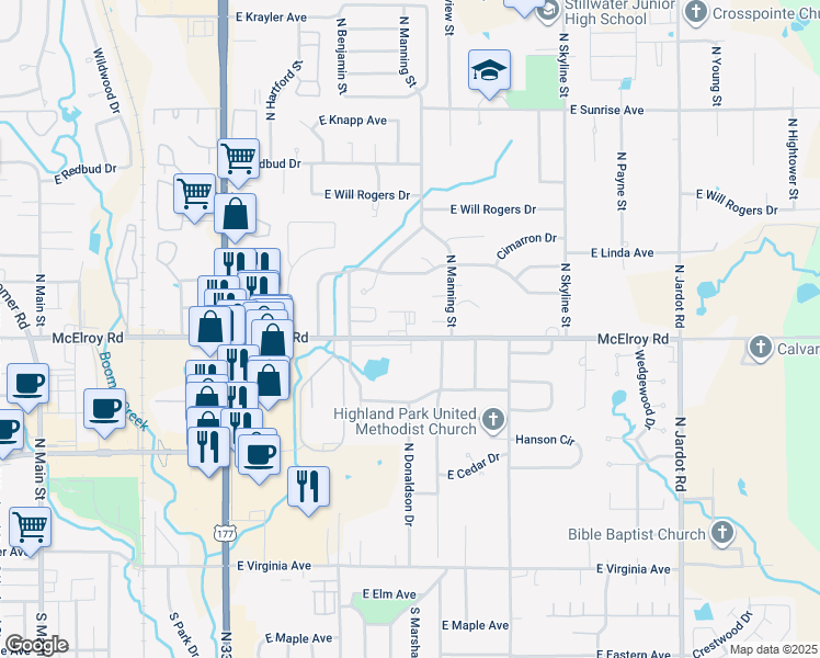 map of restaurants, bars, coffee shops, grocery stores, and more near 1112 East McElroy Road in Stillwater