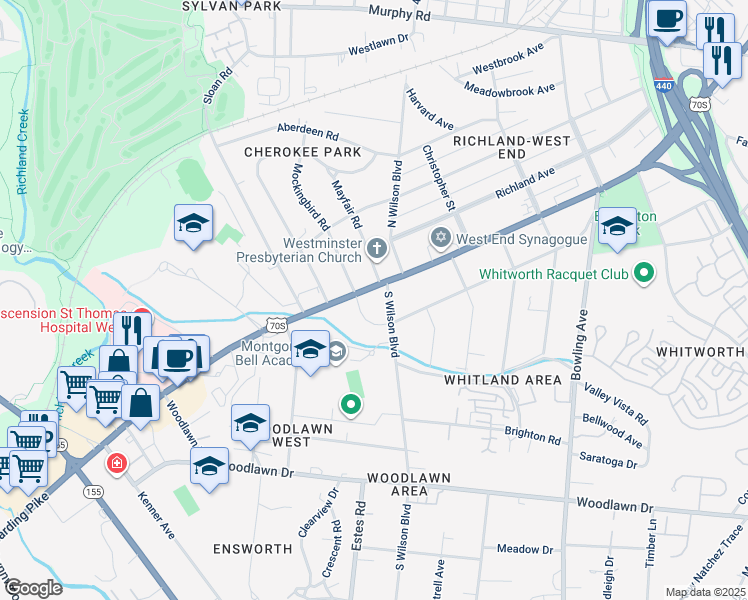map of restaurants, bars, coffee shops, grocery stores, and more near 3901 West End Avenue in Nashville