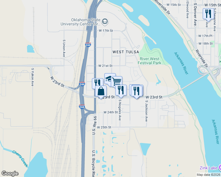 map of restaurants, bars, coffee shops, grocery stores, and more near 2249 South Phoenix Avenue in Tulsa