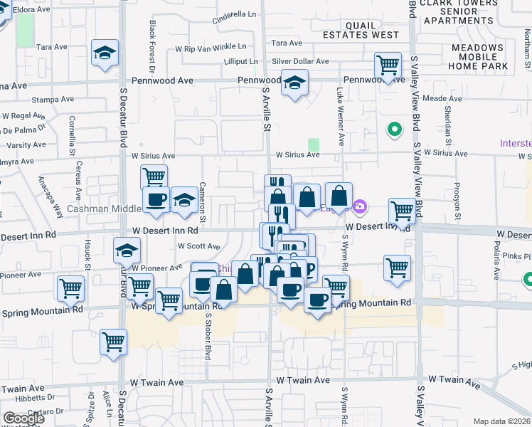 map of restaurants, bars, coffee shops, grocery stores, and more near 3245 Arville Street in Las Vegas